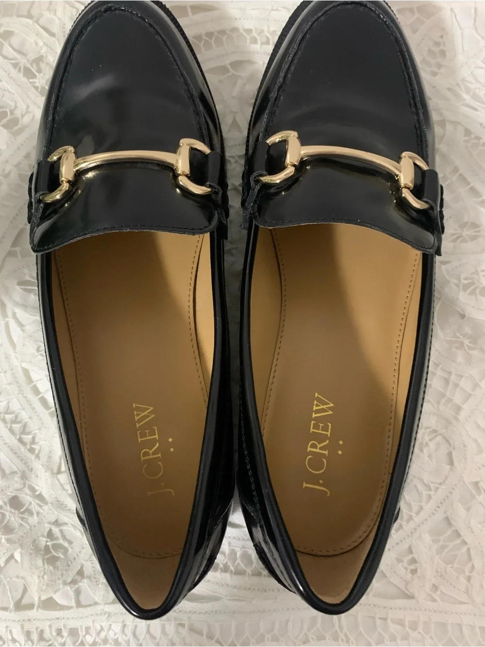 J. Crew Factory Women's Glossy Black Loafers with Gold Horsebit Accent Size 7